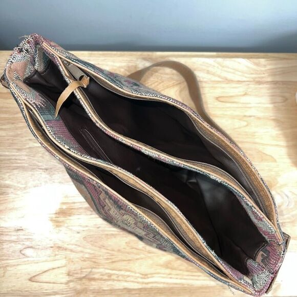 Vintage Tapestry Carpet Large Crossbody Tote Bag, Leather Lined Divided Section - Picture 11 of 16